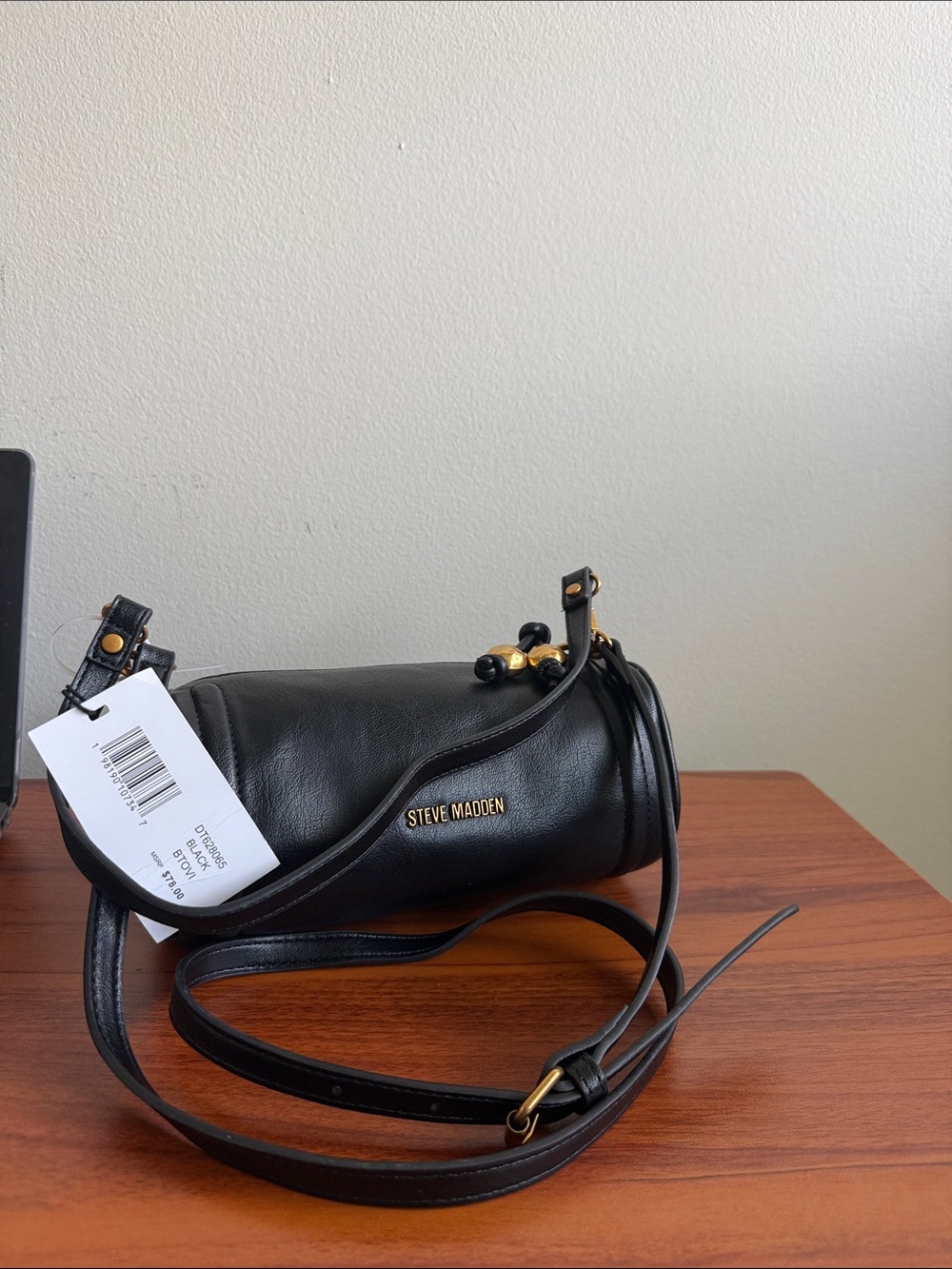 Steve Madden Black BTOVI Mini Barrel Crossbody Bag with Gold Hardware
